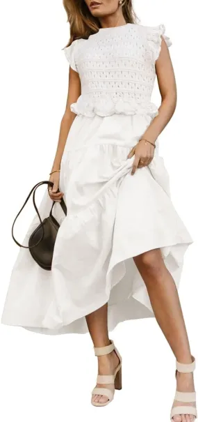 Women’s 2025 Summer Causal Ruffle Sleeve Crochet Knit Tops Long Dress for Ladies Fall Trendy Tiered Dress