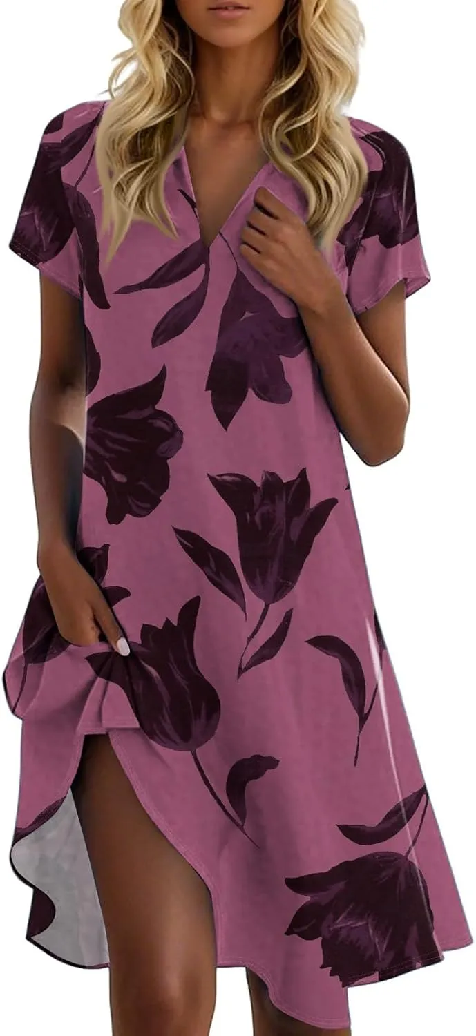 Womens Beach Vacation Dress Summer Chic Vivid Boho Floral Short Sleeve Collared V Neck Hawaiian T Shirt Sundresses