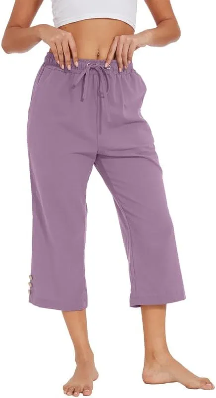 Womens Capris Pants High Waist Drawstring Comfy Casual Lightweight Loose Trousers Buttons Trim with Pockets