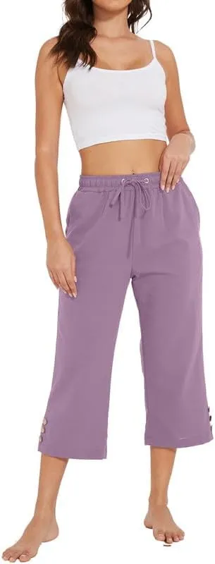 Womens Capris Pants High Waist Drawstring Comfy Casual Lightweight Loose Trousers Buttons Trim with Pockets