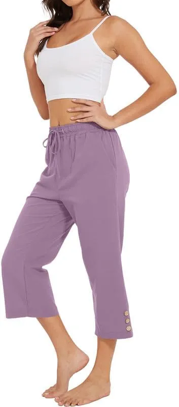 Womens Capris Pants High Waist Drawstring Comfy Casual Lightweight Loose Trousers Buttons Trim with Pockets