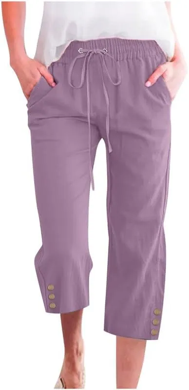 Womens Capris Pants High Waist Drawstring Comfy Casual Lightweight Loose Trousers Buttons Trim with Pockets