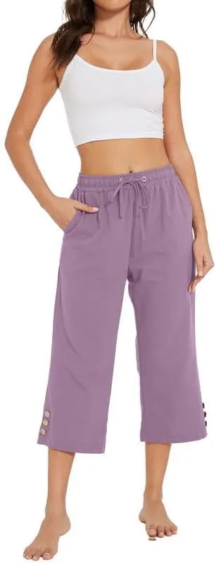 Womens Capris Pants High Waist Drawstring Comfy Casual Lightweight Loose Trousers Buttons Trim with Pockets