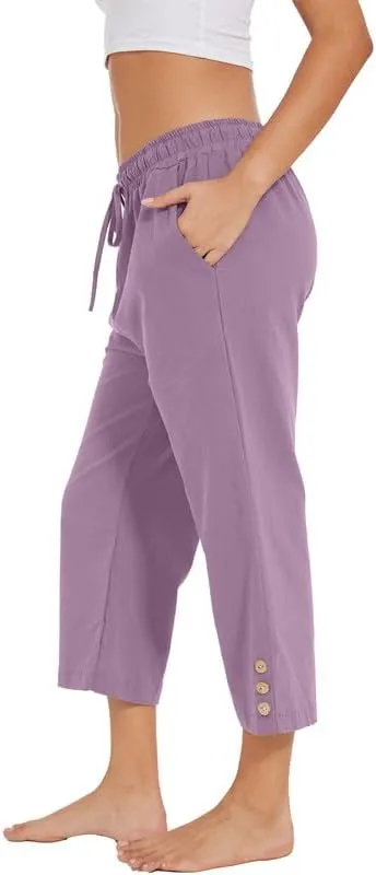 Womens Capris Pants High Waist Drawstring Comfy Casual Lightweight Loose Trousers Buttons Trim with Pockets
