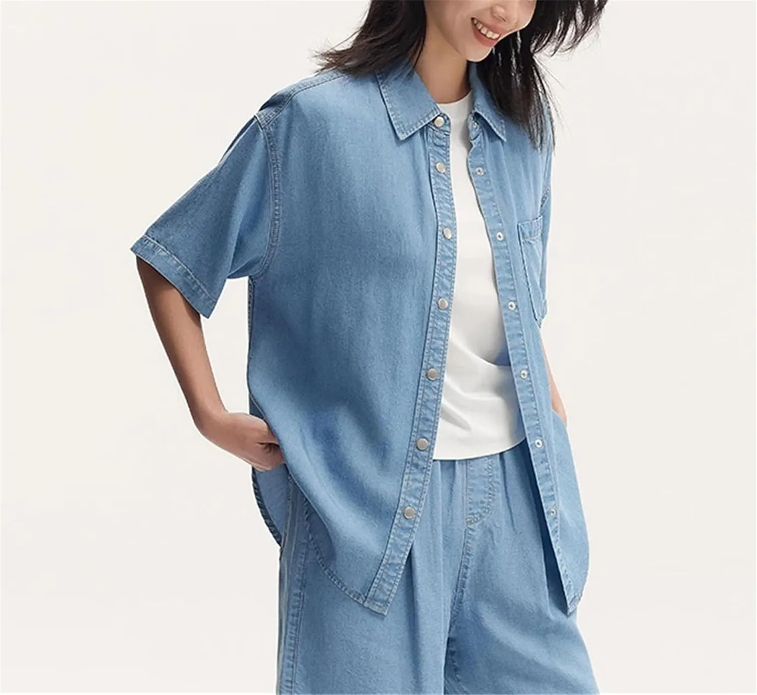 Women's Casual Short-Sleeved Denim Shirt 2025 Summer Mid-Length Dropped Shoulders Loose Soft Jean Blouses
