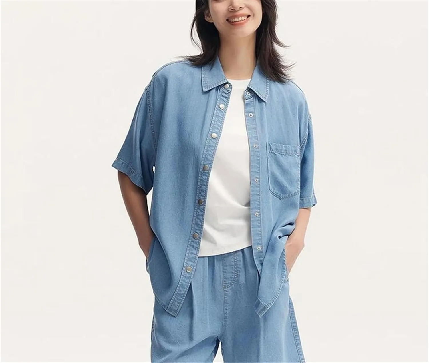 Women's Casual Short-Sleeved Denim Shirt 2025 Summer Mid-Length Dropped Shoulders Loose Soft Jean Blouses