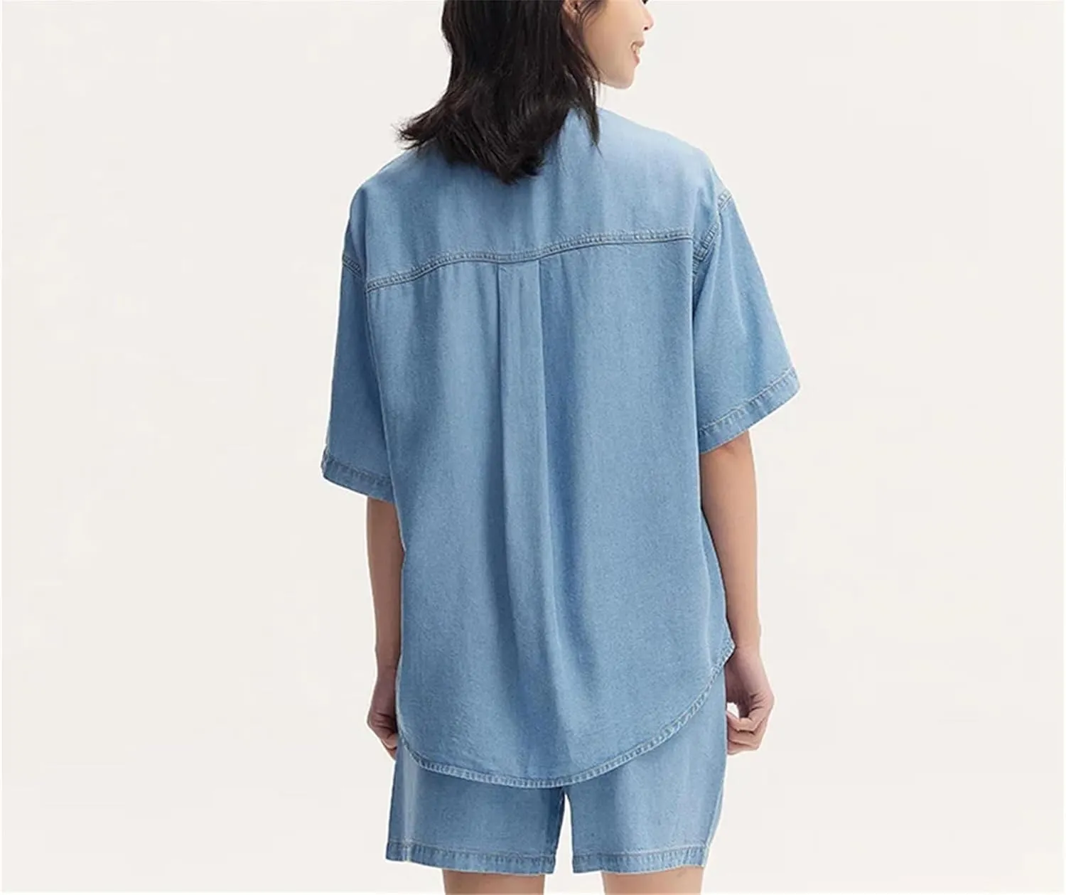Women's Casual Short-Sleeved Denim Shirt 2025 Summer Mid-Length Dropped Shoulders Loose Soft Jean Blouses