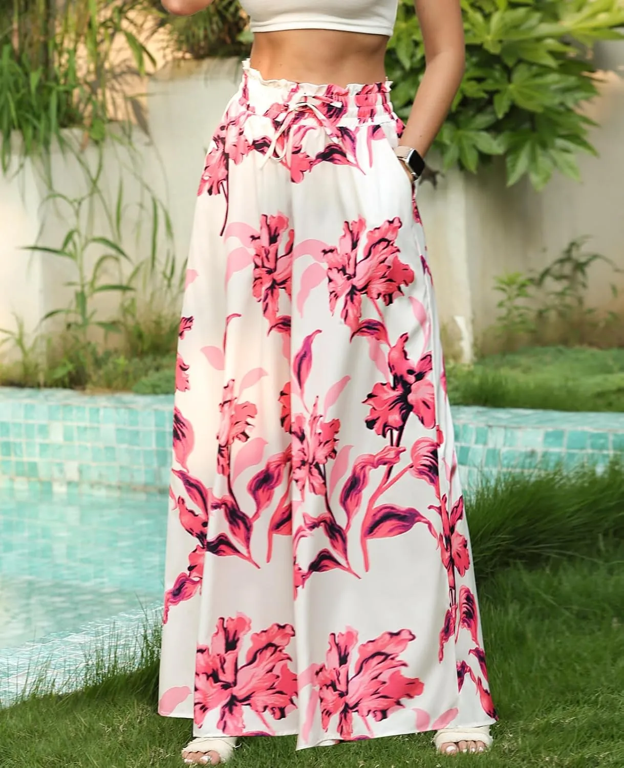 Womens Casual Wide Leg Pants Ruffle Elastic Drawstring Beach Palazzo Loose Pants Comfy Trousers with Pockets