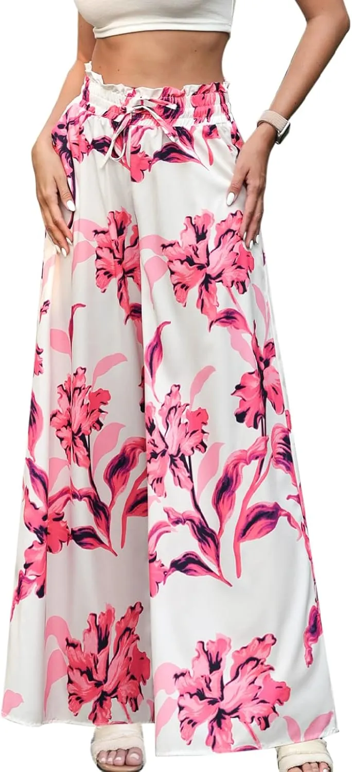 Womens Casual Wide Leg Pants Ruffle Elastic Drawstring Beach Palazzo Loose Pants Comfy Trousers with Pockets