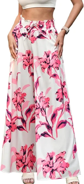 Womens Casual Wide Leg Pants Ruffle Elastic Drawstring Beach Palazzo Loose Pants Comfy Trousers with Pockets
