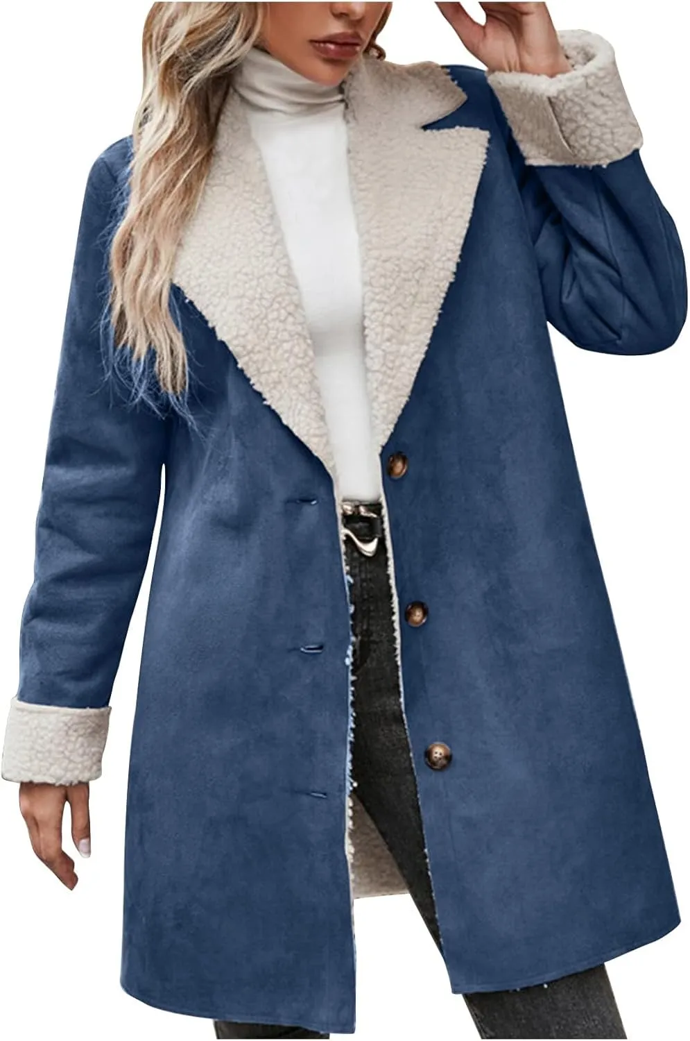 Womens Fleece Sherpa Lined Jackets Lapel Oversized Winter Coats Fuzzy Soft Overcoat Casual Pea Trench Coats Outerwear