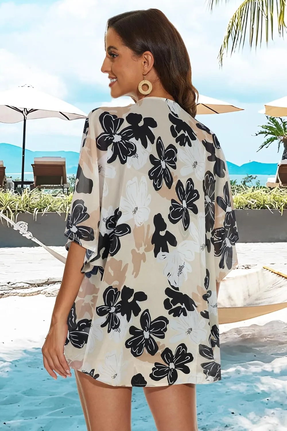 Women's Floral Print Puff Sleeve Kimono Cardigan Loose Cover Up Casual Blouse Tops