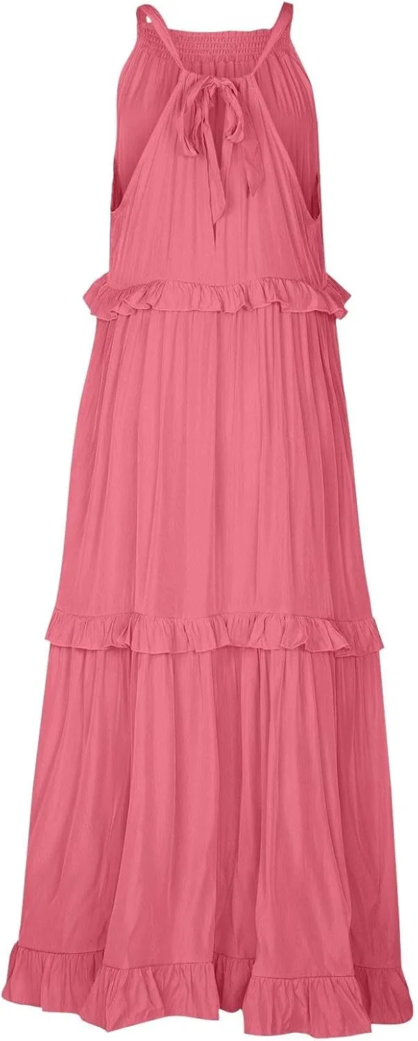 Womens Halter Dress Summer Tiered Flowy Maxi Dress Sleeveless Boho Ruffle Casual Beach Long Dress Wedding Guest Gress