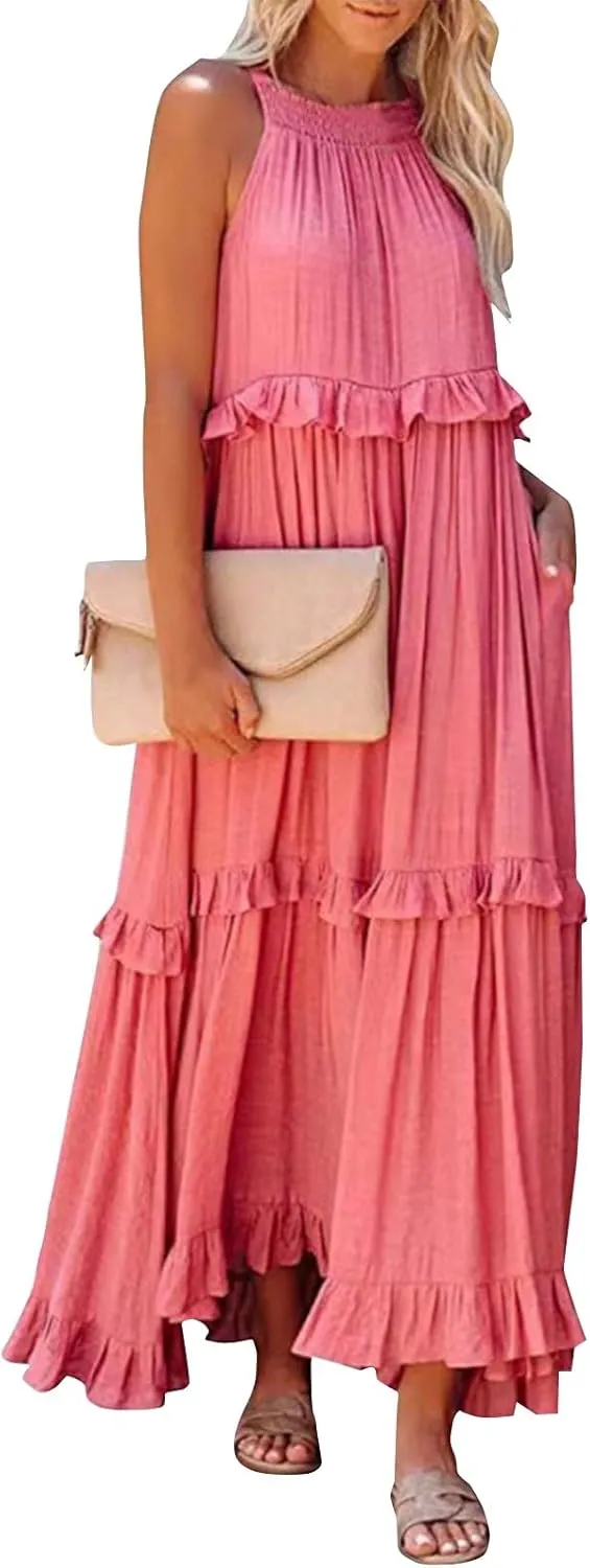 Womens Halter Dress Summer Tiered Flowy Maxi Dress Sleeveless Boho Ruffle Casual Beach Long Dress Wedding Guest Gress