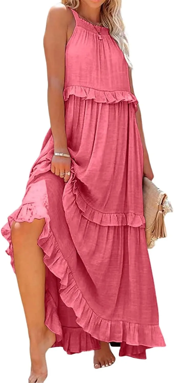 Womens Halter Dress Summer Tiered Flowy Maxi Dress Sleeveless Boho Ruffle Casual Beach Long Dress Wedding Guest Gress