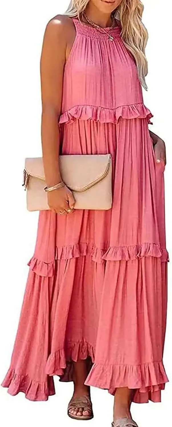 Womens Halter Dress Summer Tiered Flowy Maxi Dress Sleeveless Boho Ruffle Casual Beach Long Dress Wedding Guest Gress