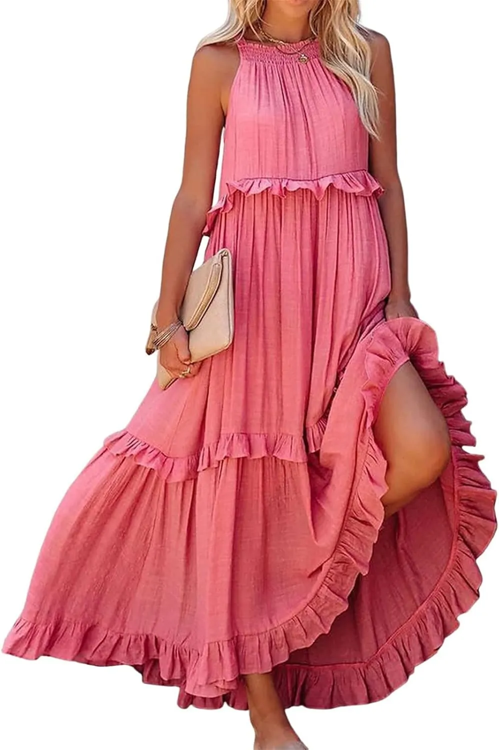Womens Halter Dress Summer Tiered Flowy Maxi Dress Sleeveless Boho Ruffle Casual Beach Long Dress Wedding Guest Gress