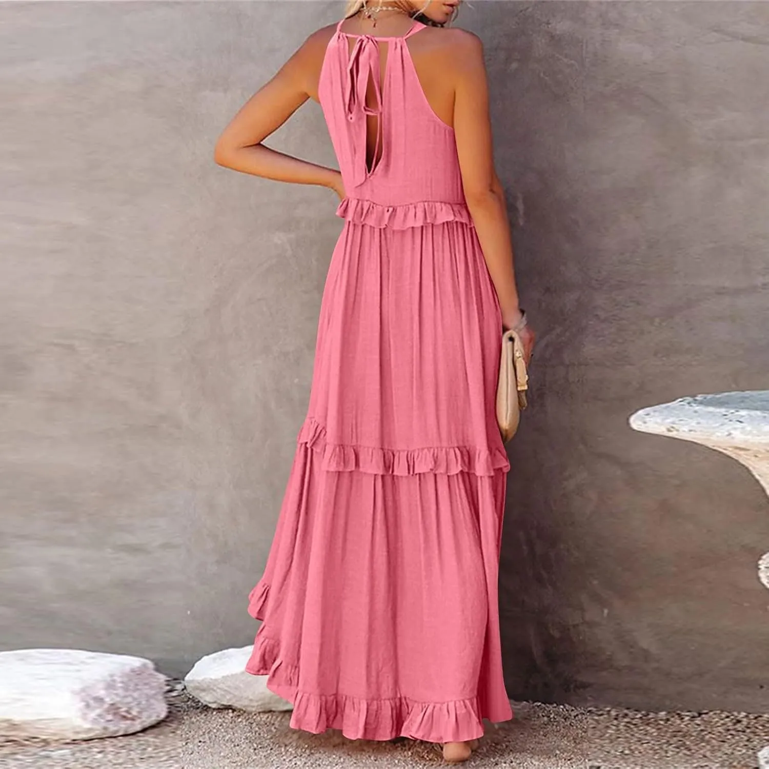 Womens Halter Dress Summer Tiered Flowy Maxi Dress Sleeveless Boho Ruffle Casual Beach Long Dress Wedding Guest Gress