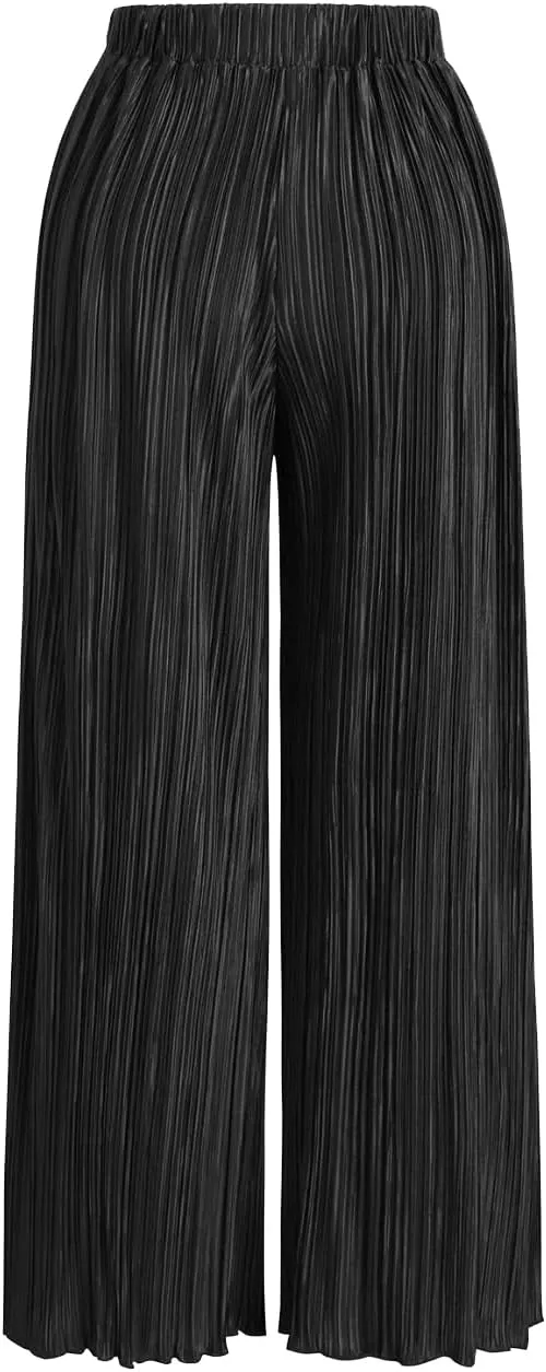 Womens High Waisted Pants Solid Textured Elastic Waist Wide Leg Palazzo Pants Casual Comfy Trousers