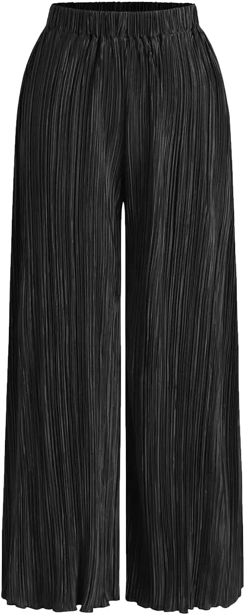 Womens High Waisted Pants Solid Textured Elastic Waist Wide Leg Palazzo Pants Casual Comfy Trousers
