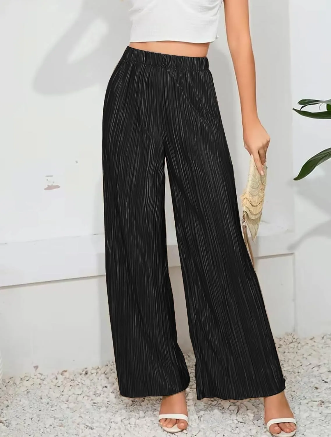 Womens High Waisted Pants Solid Textured Elastic Waist Wide Leg Palazzo Pants Casual Comfy Trousers