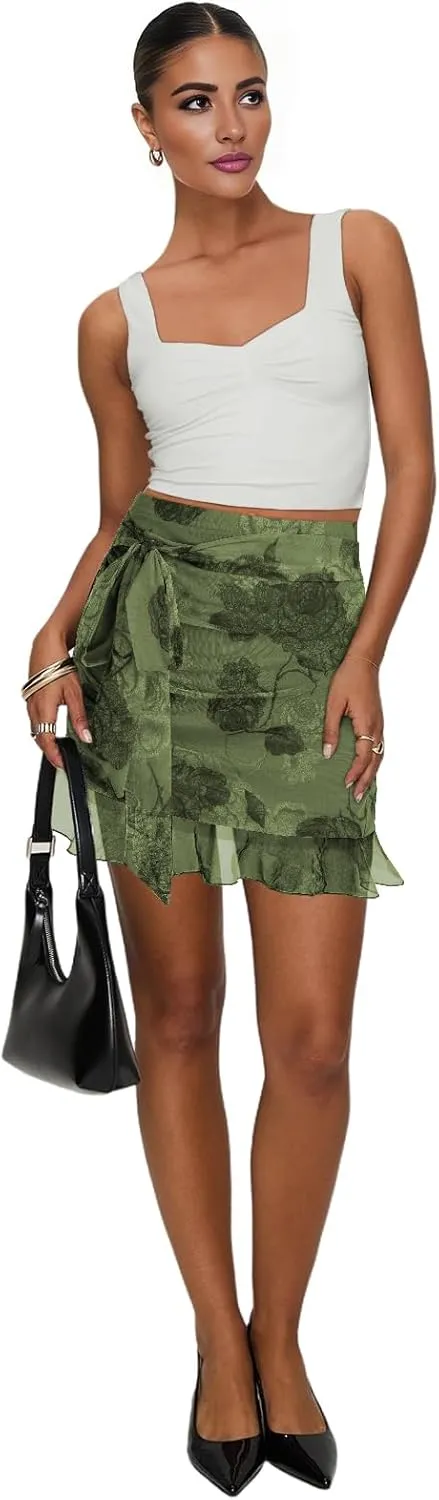 Women's Mesh Mini Skirt Tie High Waist Summer Floral Print Ruched Ruffle Short Skirts