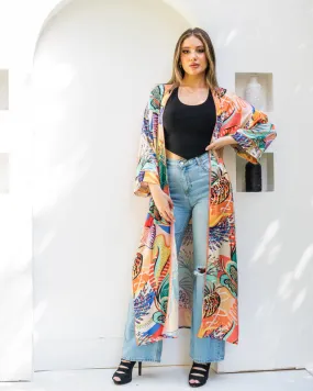 Women's Pure Satin Printed Kimono Cardigan - Elegant Fashion Tops - Made in Egypt - One Size Fit