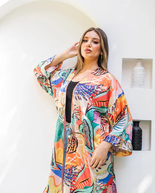 Women's Pure Satin Printed Kimono Cardigan - Elegant Fashion Tops - Made in Egypt - One Size Fit