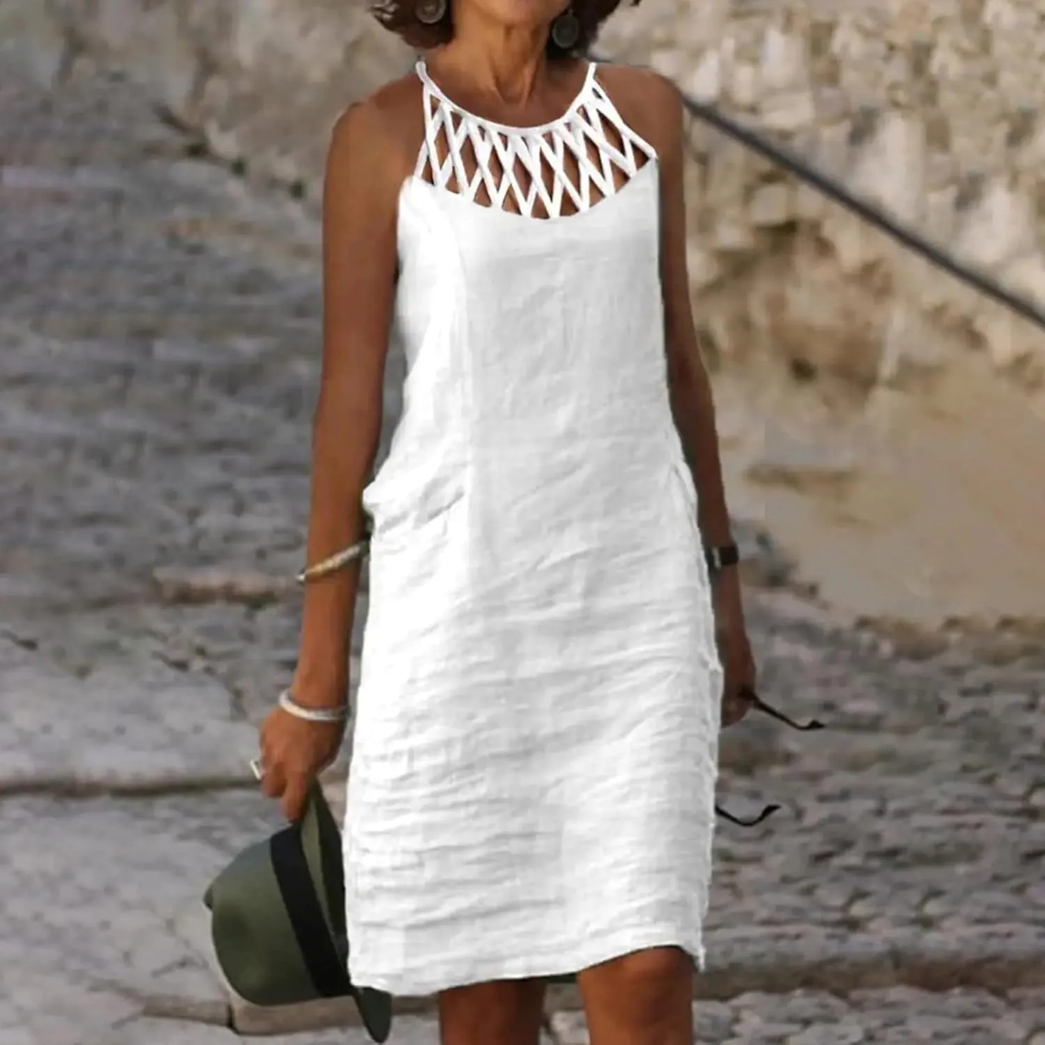 Women's Sleeveless Cut - Out Neckline Mini Dresses 2025 Casual Summer Chic Shift Dress for City Walks, Shopping Dates