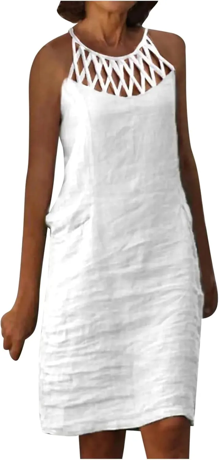 Women's Sleeveless Cut - Out Neckline Mini Dresses 2025 Casual Summer Chic Shift Dress for City Walks, Shopping Dates