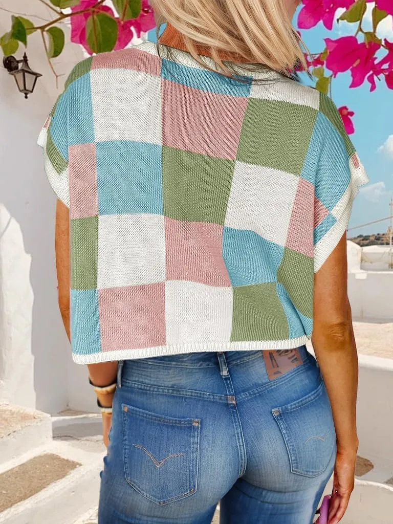 Womens Summer Crop Tops 2025 Cap Short Sleeve Sweater Vest Loose Shirts Business Vacation Outfits Trendy Fall Summer Top