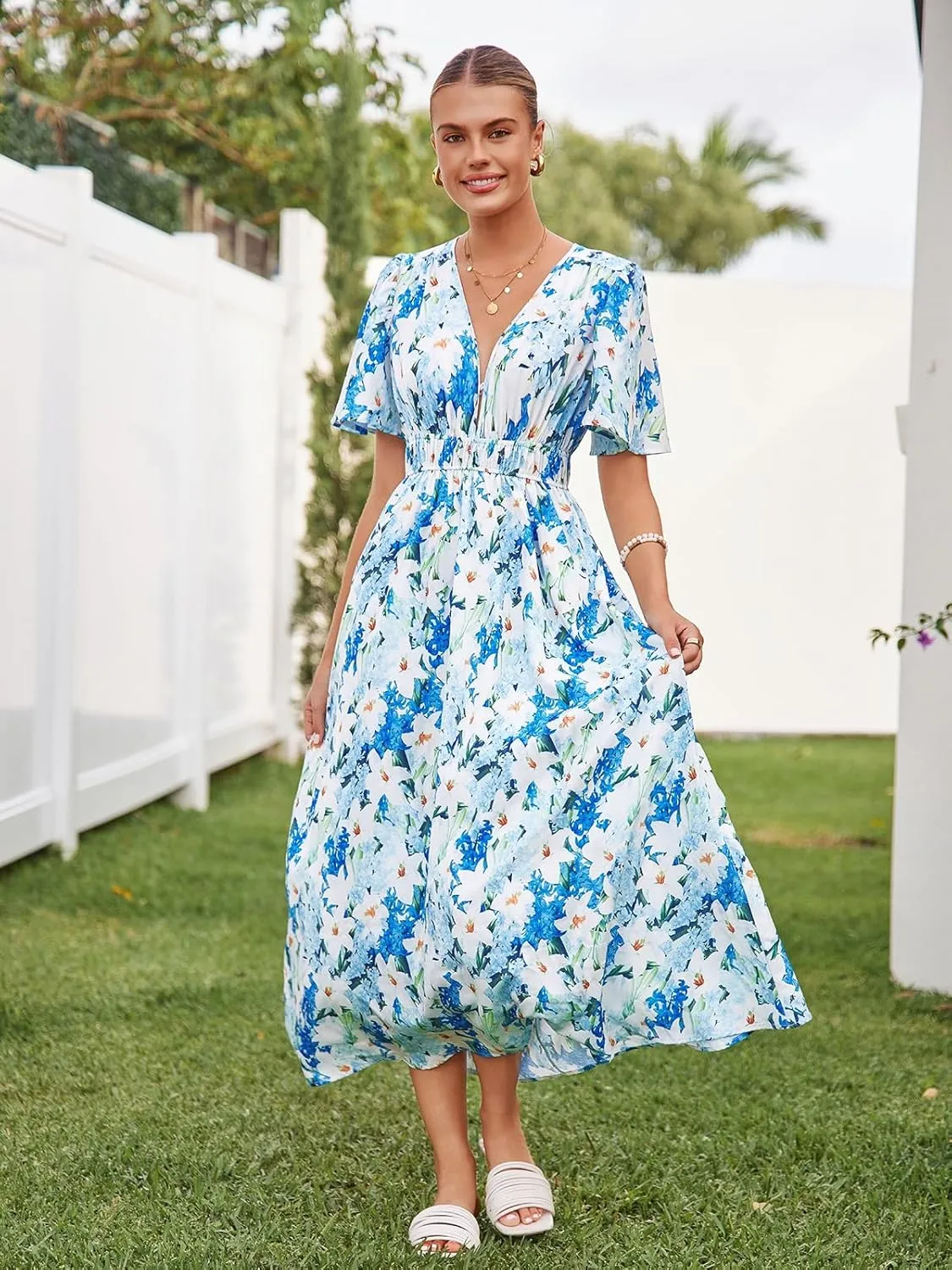Womens V Neck Flutter Sleeve Boho Midi Dress Summer Wedding Guest Beach Party Long Dresses