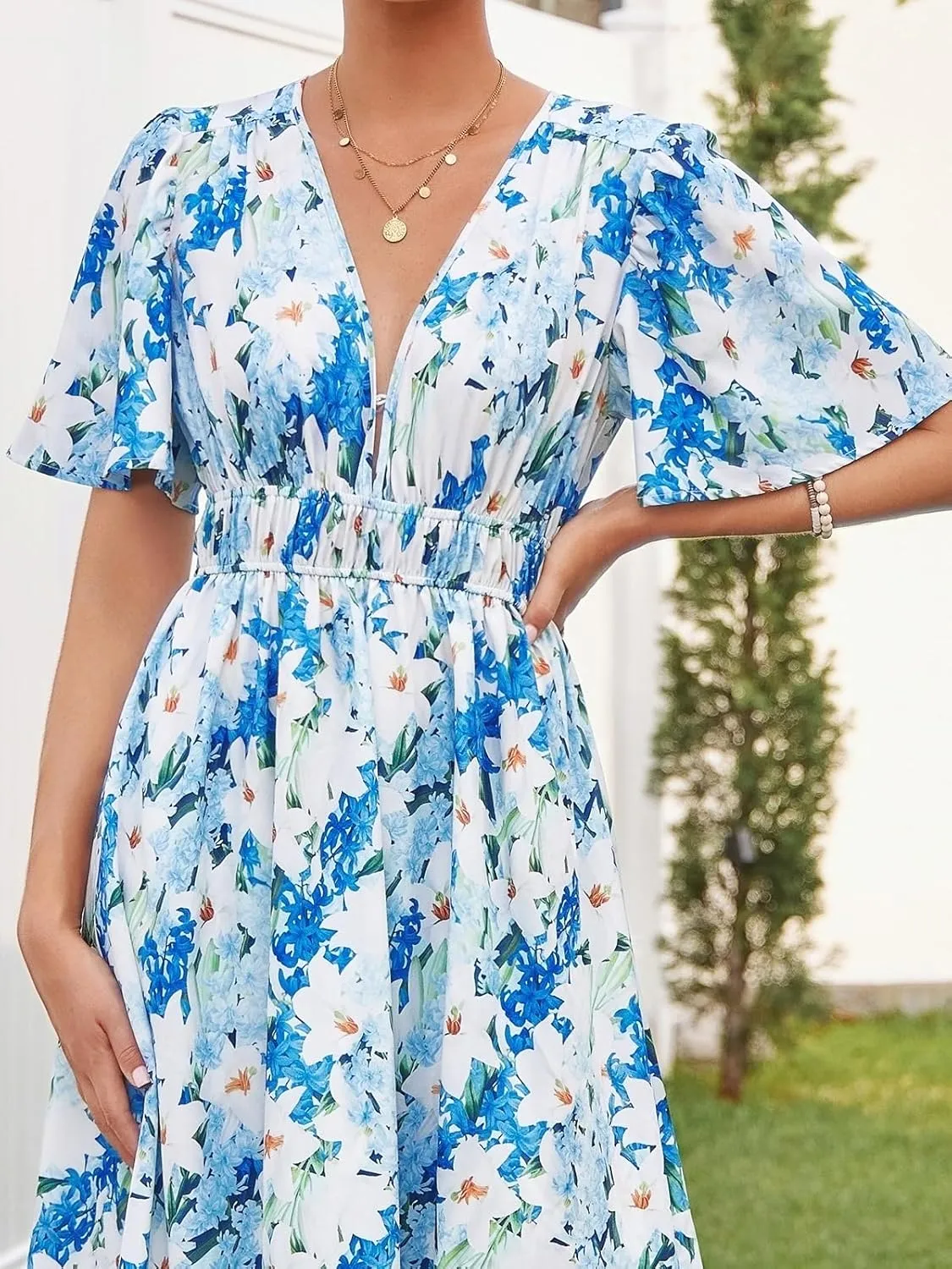 Womens V Neck Flutter Sleeve Boho Midi Dress Summer Wedding Guest Beach Party Long Dresses
