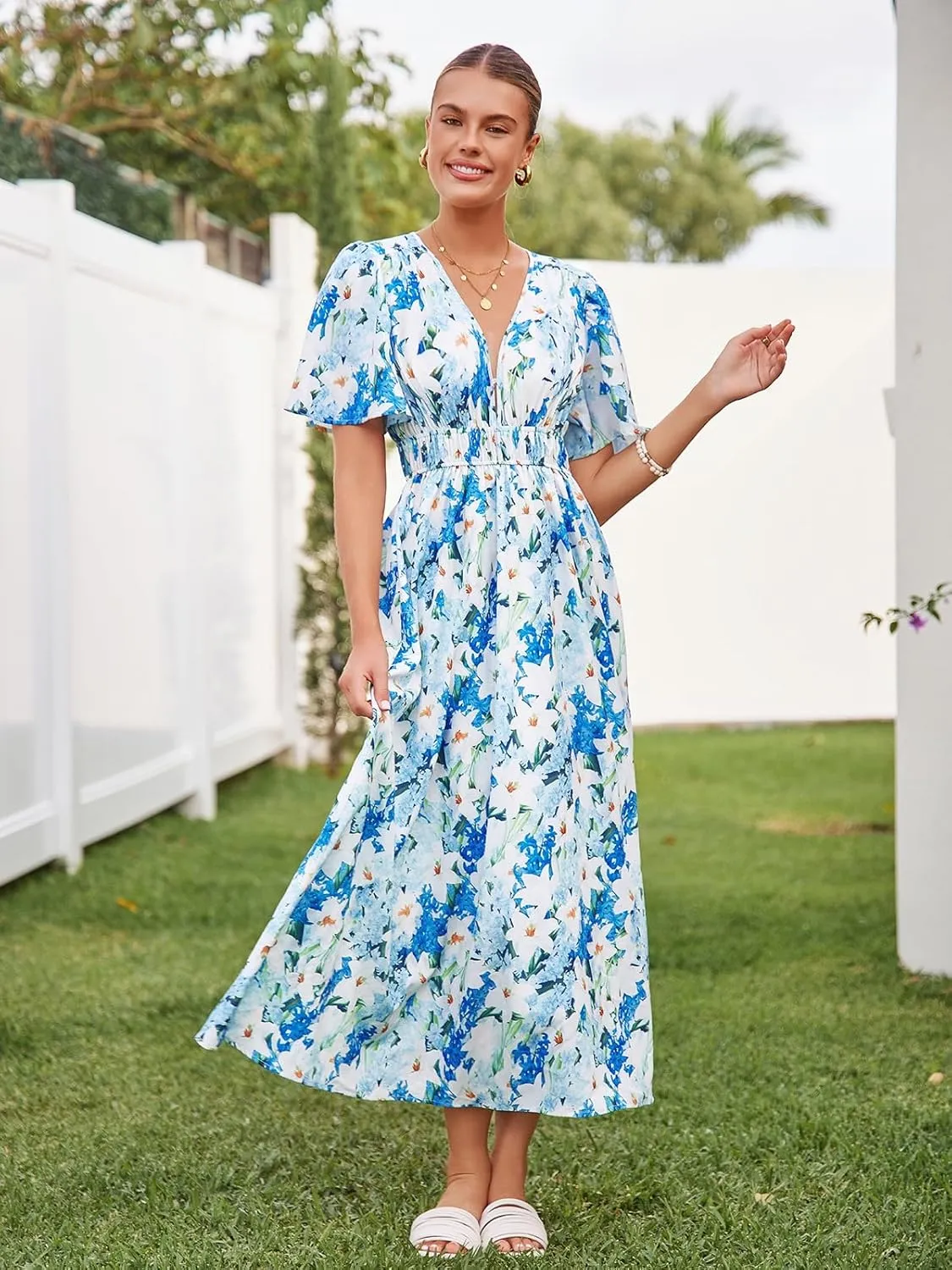 Womens V Neck Flutter Sleeve Boho Midi Dress Summer Wedding Guest Beach Party Long Dresses