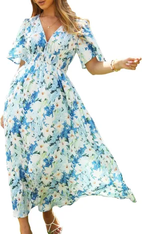 Womens V Neck Flutter Sleeve Boho Midi Dress Summer Wedding Guest Beach Party Long Dresses