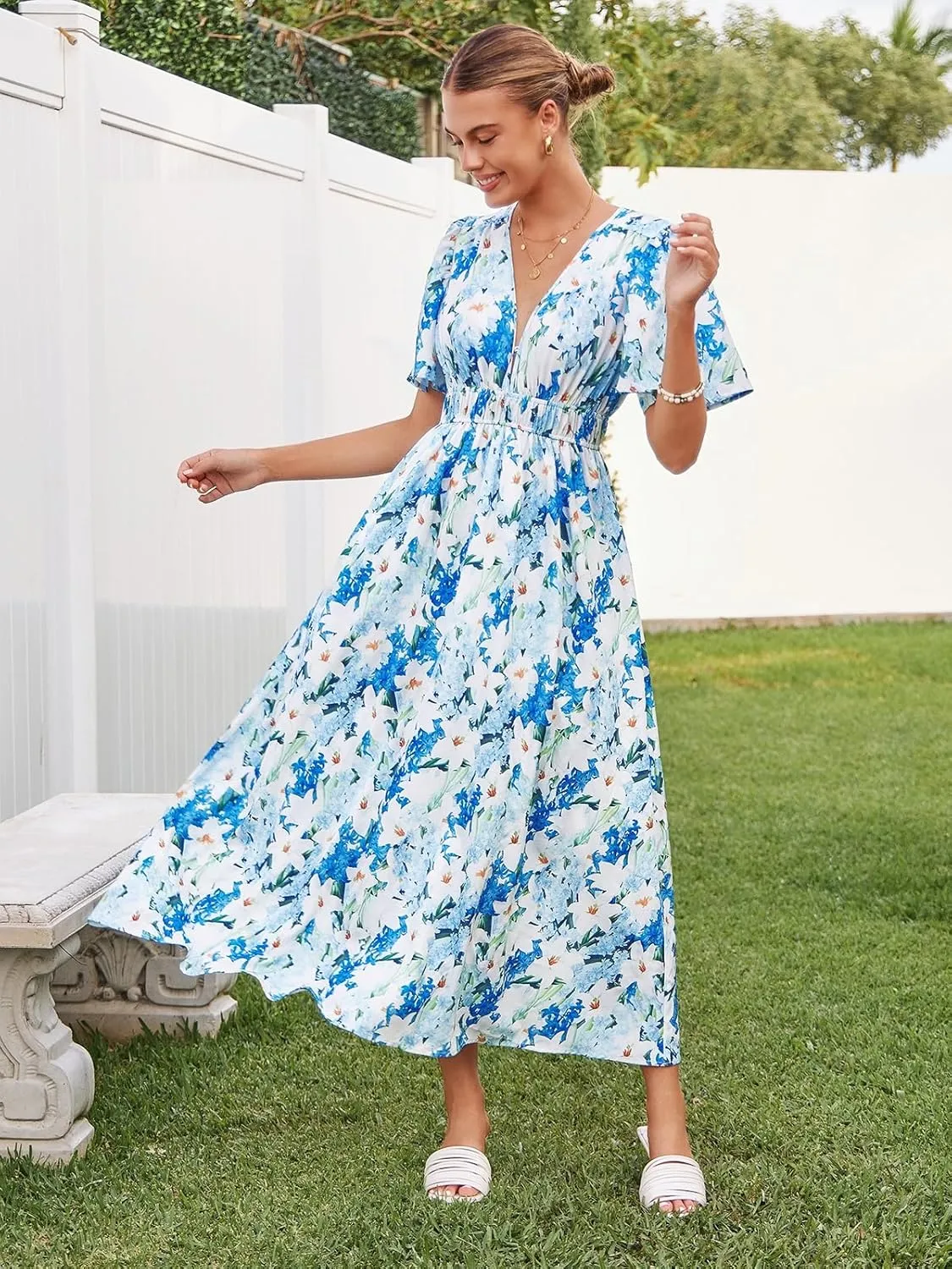 Womens V Neck Flutter Sleeve Boho Midi Dress Summer Wedding Guest Beach Party Long Dresses