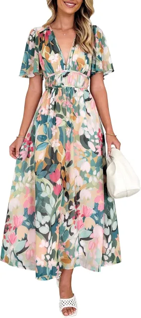 Womens V Neck Flutter Sleeve Boho Midi Dress Summer Wedding Guest Beach Party Long Dresses