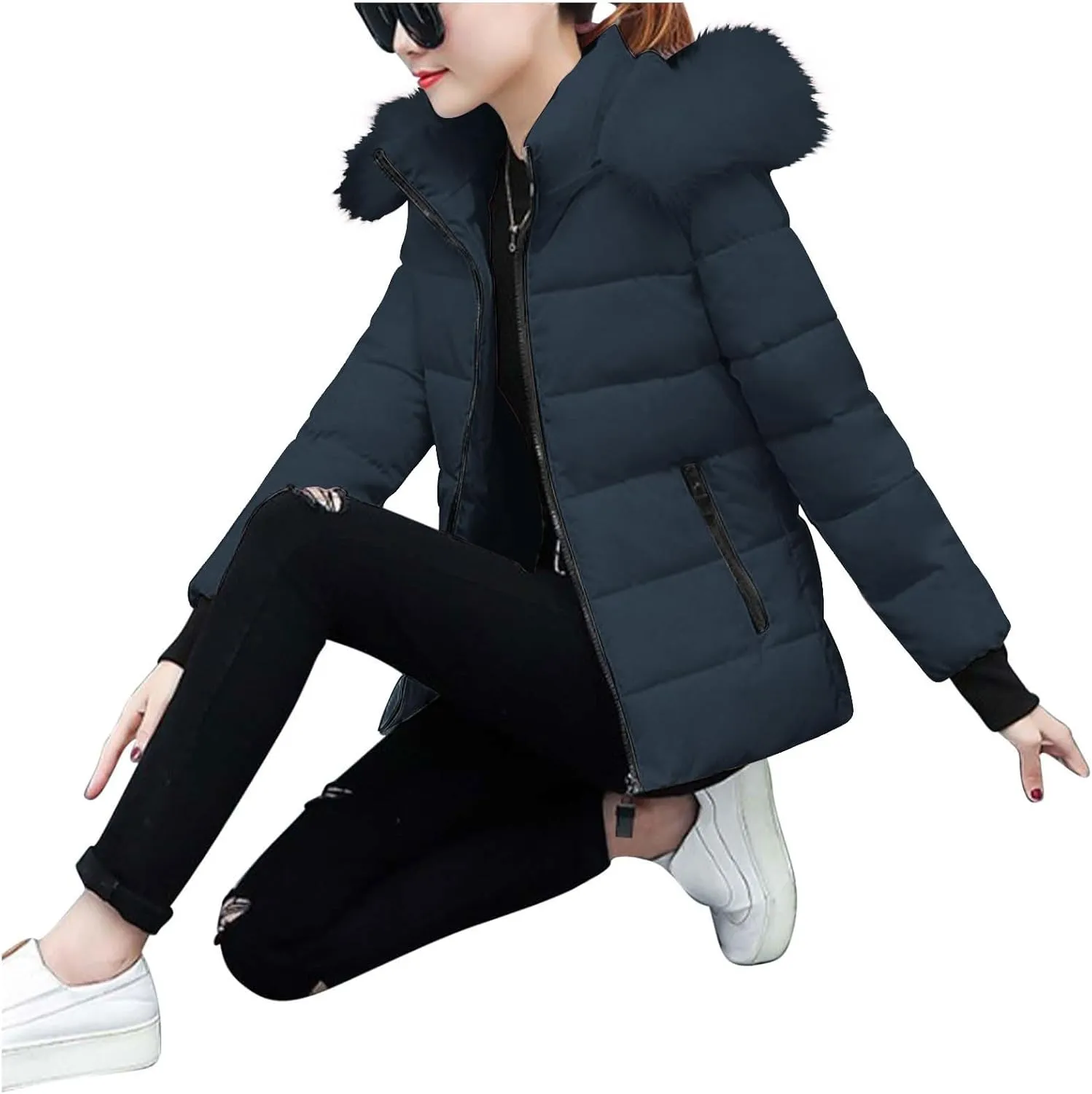 Women's Winter Thicken Puffer Coat Warm Quilted down Jackets Faux Fur Trim Detachable Hooded Solid Soft Parka Outwear