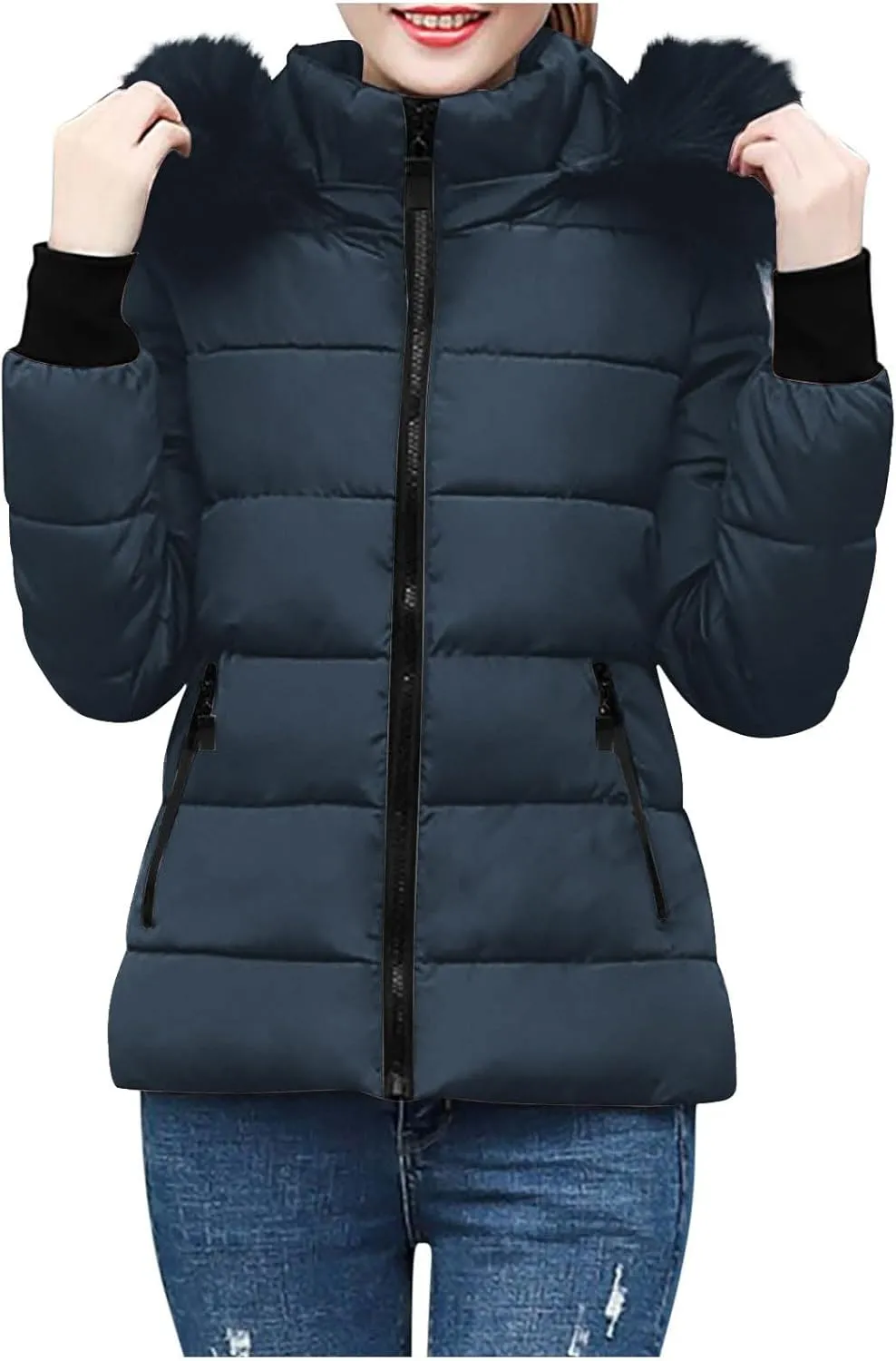 Women's Winter Thicken Puffer Coat Warm Quilted down Jackets Faux Fur Trim Detachable Hooded Solid Soft Parka Outwear