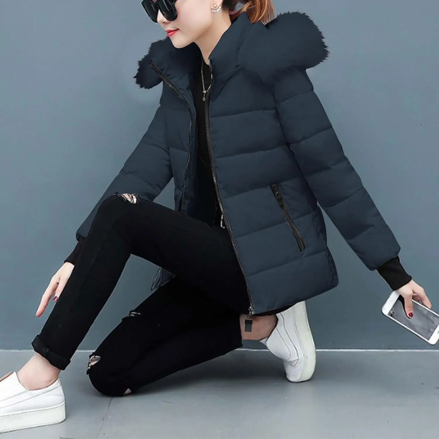 Women's Winter Thicken Puffer Coat Warm Quilted down Jackets Faux Fur Trim Detachable Hooded Solid Soft Parka Outwear