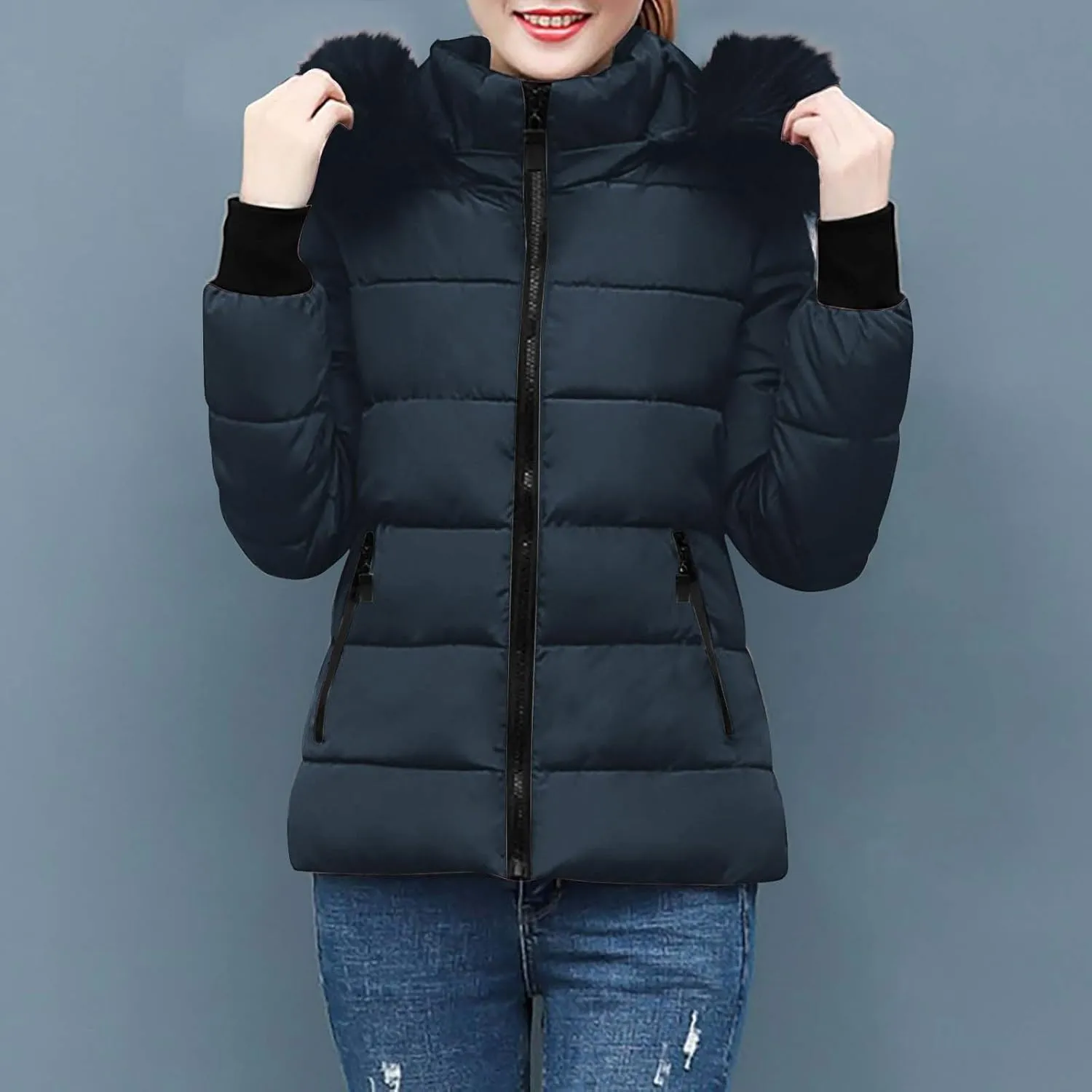 Women's Winter Thicken Puffer Coat Warm Quilted down Jackets Faux Fur Trim Detachable Hooded Solid Soft Parka Outwear