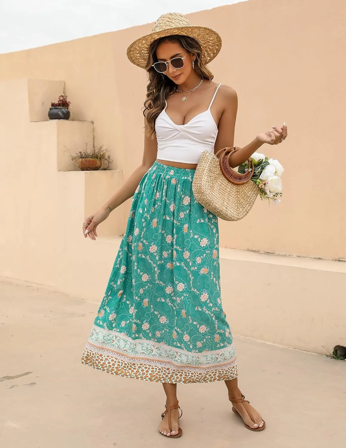 Zeagoo Women's 2025 Boho Floral Skirt Casual Elastic High Waist Maxi Skirts Flowy A Line Beach Long Skirt with Side Pockets