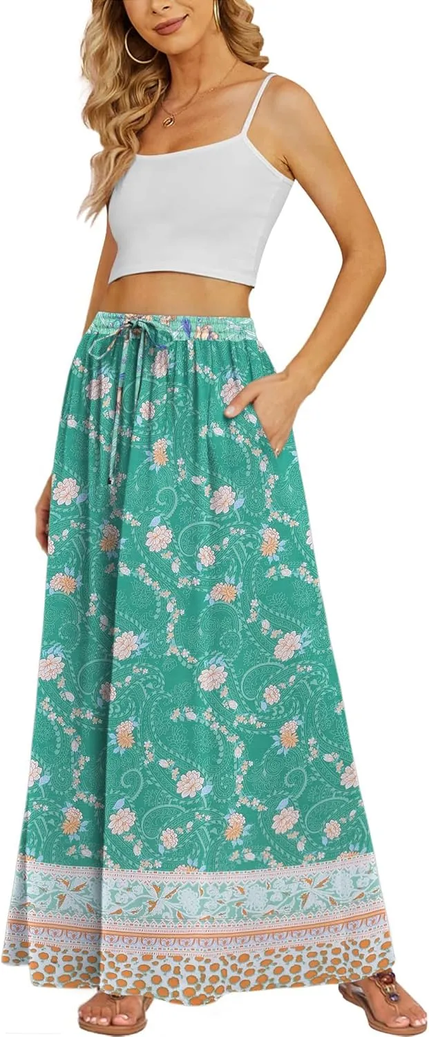 Zeagoo Women's 2025 Boho Floral Skirt Casual Elastic High Waist Maxi Skirts Flowy A Line Beach Long Skirt with Side Pockets