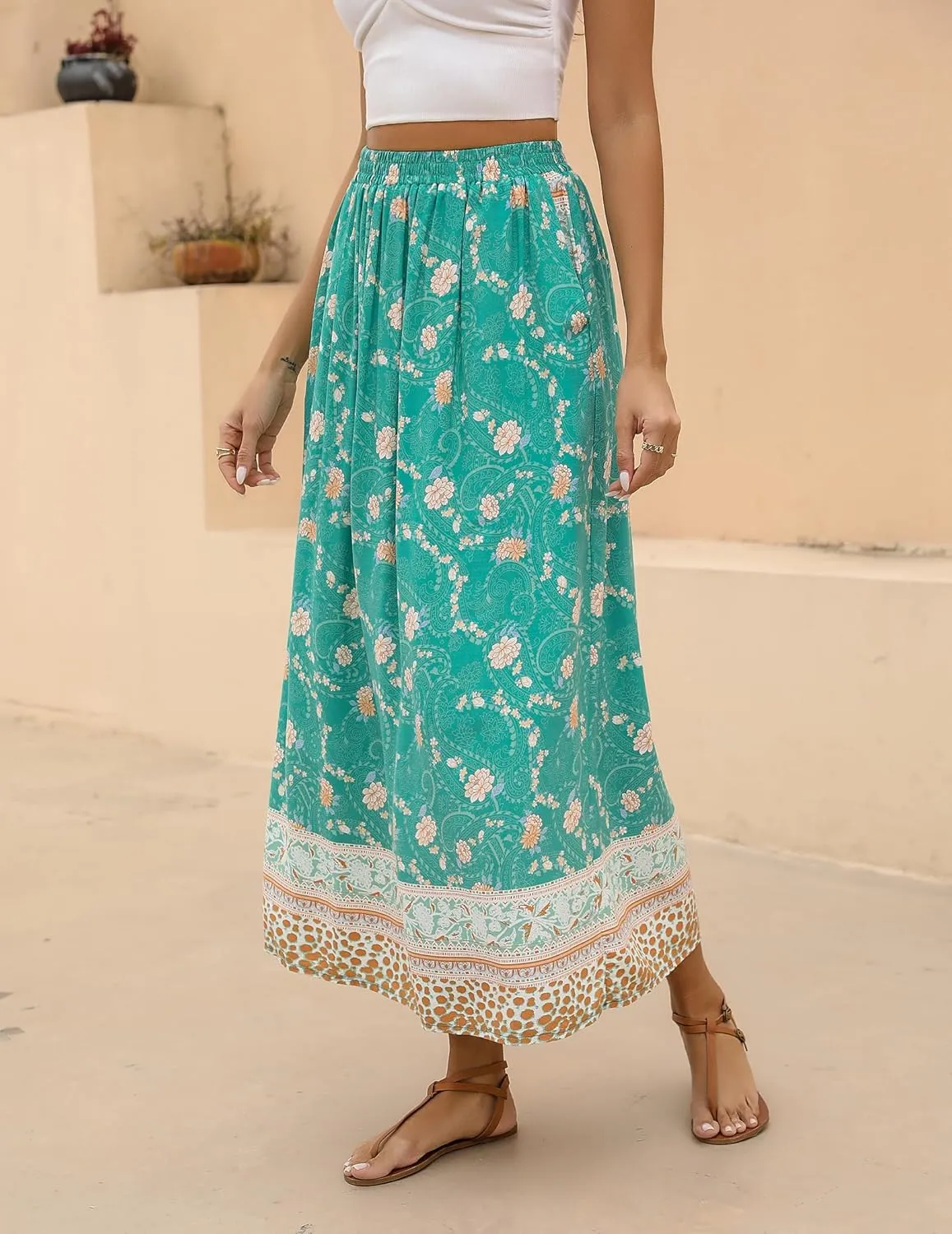 Zeagoo Women's 2025 Boho Floral Skirt Casual Elastic High Waist Maxi Skirts Flowy A Line Beach Long Skirt with Side Pockets