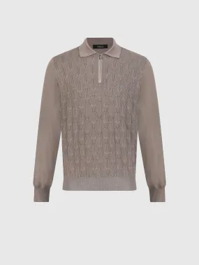 Zipped Polo Shirt with Geometric Jacquard Weave Taupe