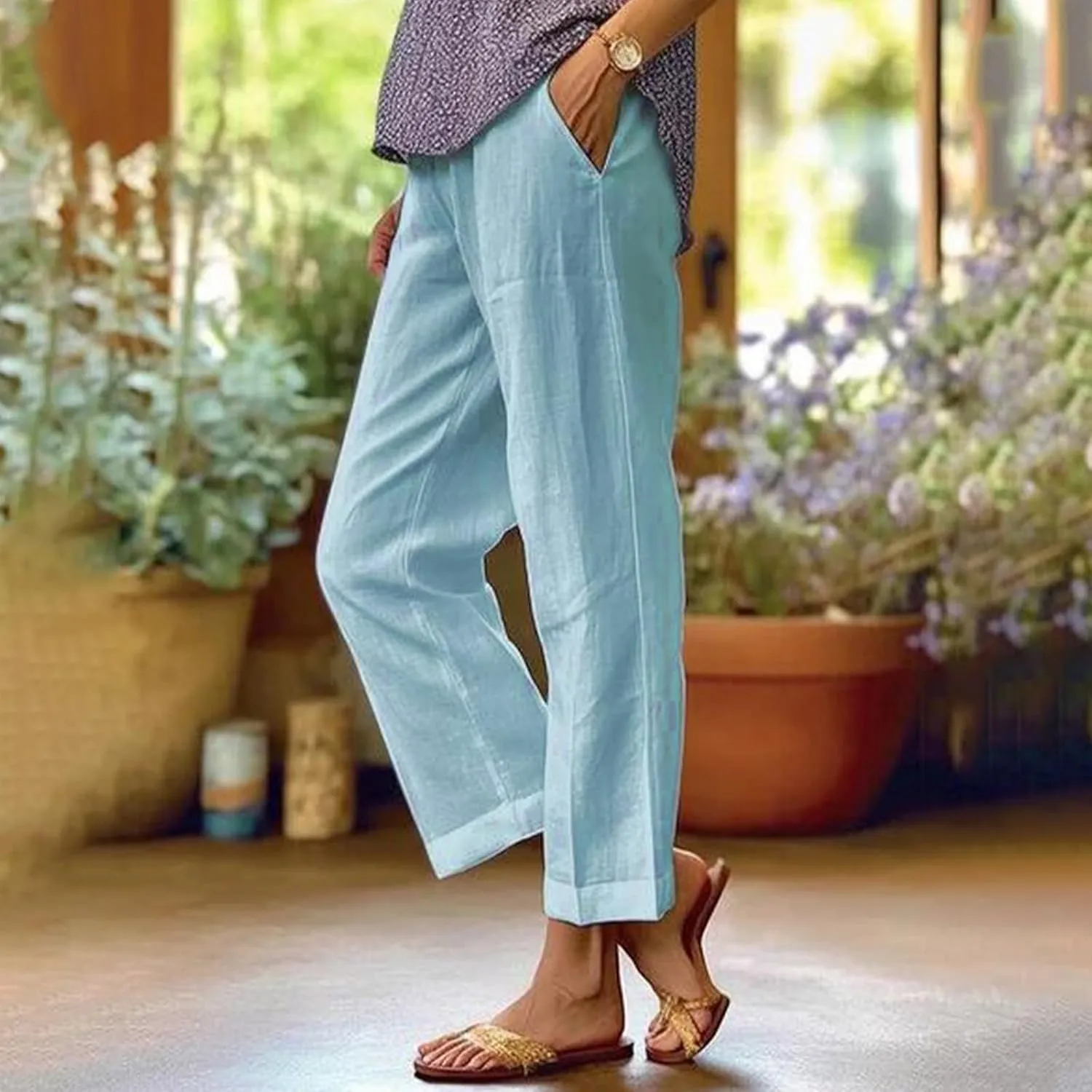 ZOCAVIA Womens Capris Pants Summer Cotton Linen High Waist Baggy Pants Comfy Casual Lightweight Trousers with Pockets