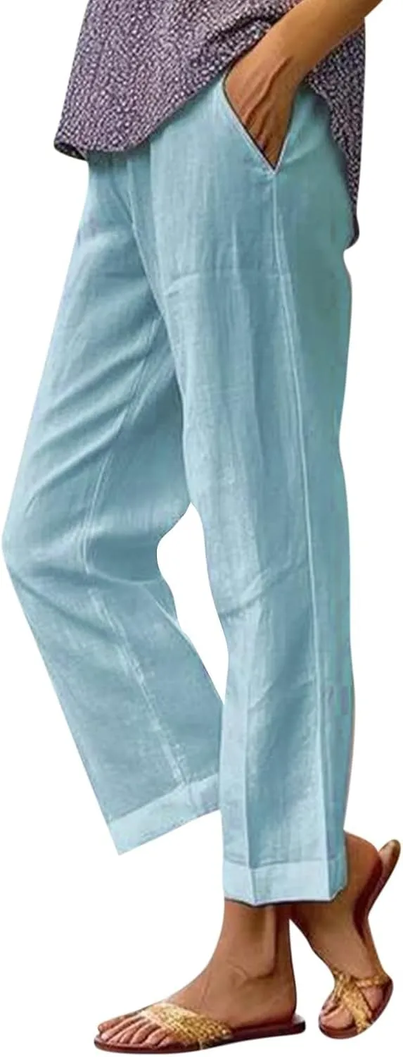 ZOCAVIA Womens Capris Pants Summer Cotton Linen High Waist Baggy Pants Comfy Casual Lightweight Trousers with Pockets